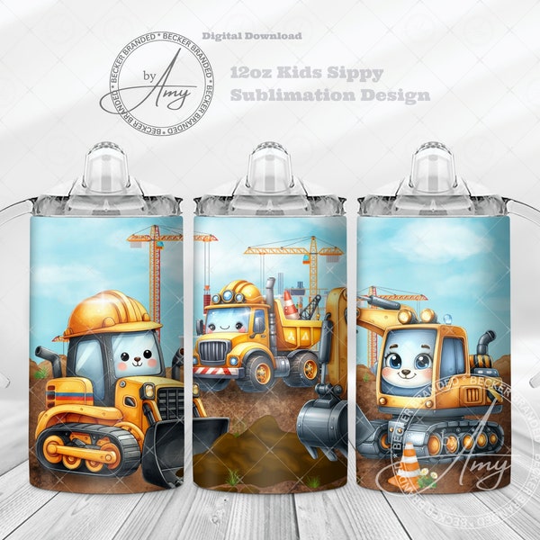 Kid's Construction Vehicles 12oz Sippy Cup Tumbler Wrap Sublimation Designs, Instant Digital Download, Flip Top Sippy Water Bottle