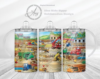 Kid's Construction Zone 12oz Sippy Cup Sublimation Designs Digital Download 12oz Tumbler Wrap PNG JPG Cute Sippy Cup Wrap, Kids Water Bottle