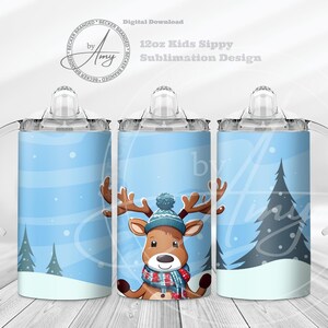 Kid&#39;s Cute Reindeer 12oz Sippy Cup Sublimation Designs Digital Download, 12oz Tumbler Wrap, PNG File, Cute Sippy Cup Wrap, Kids Water Bottle