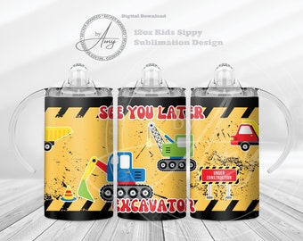 Kid's Excavator Construction 12oz Sippy Cup Sublimation Designs Digital Download 12oz Tumbler Wrap PNG Cute Sippy Cup Wrap Kids Water Bottle