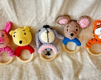 Winnie the Pooh, Eeyore, Piglet, Roo and Tigger inspired all natural rattles.