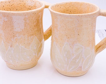 Cream Speckled with Glossy White Leaves Cup Handmade Ceramic Cup