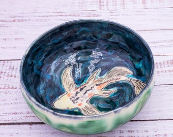 Koi Swimming in Bowl Black Green Handmade Ceramic