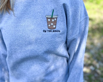 On The Rocks, Iced Coffee Embroidered Logo, Iced Coffee Green Straw Crewneck