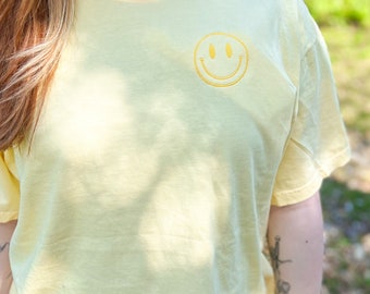 Smiley Face Comfort Colors, Happy Tonal T-Shirt, Smile Shirt, Smile Embroidery, Smiley Face Embroidered Shirt