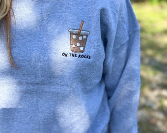 On The Rocks, Iced Coffee Embroidered Logo, Iced Coffee Orange Straw Crewneck