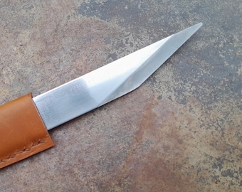 Forged steak knife, asymmetrical blade. Hand-sewn leather handle, table knife, "Le Tranchet" knife