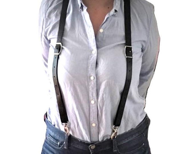 Fashion Women's BLACK leather suspenders , Trigger Snap or Metal Clips, made to measure.
