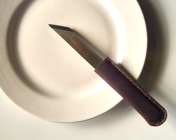 Featured listing image: Forged steak knife, asymmetrical blade. Hand-sewn leather handle, table knife, "Le Tranchet" knife