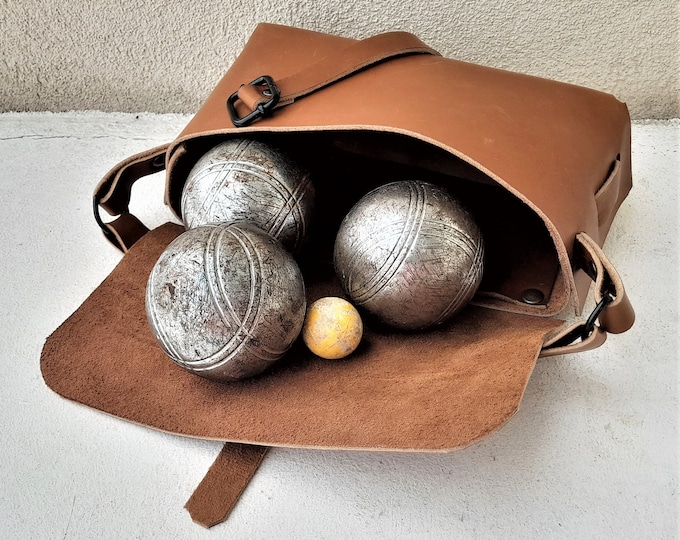 Featured listing image: ALL leather pétanque bag, boules case, made in France, ideal gift, artisanal creation.