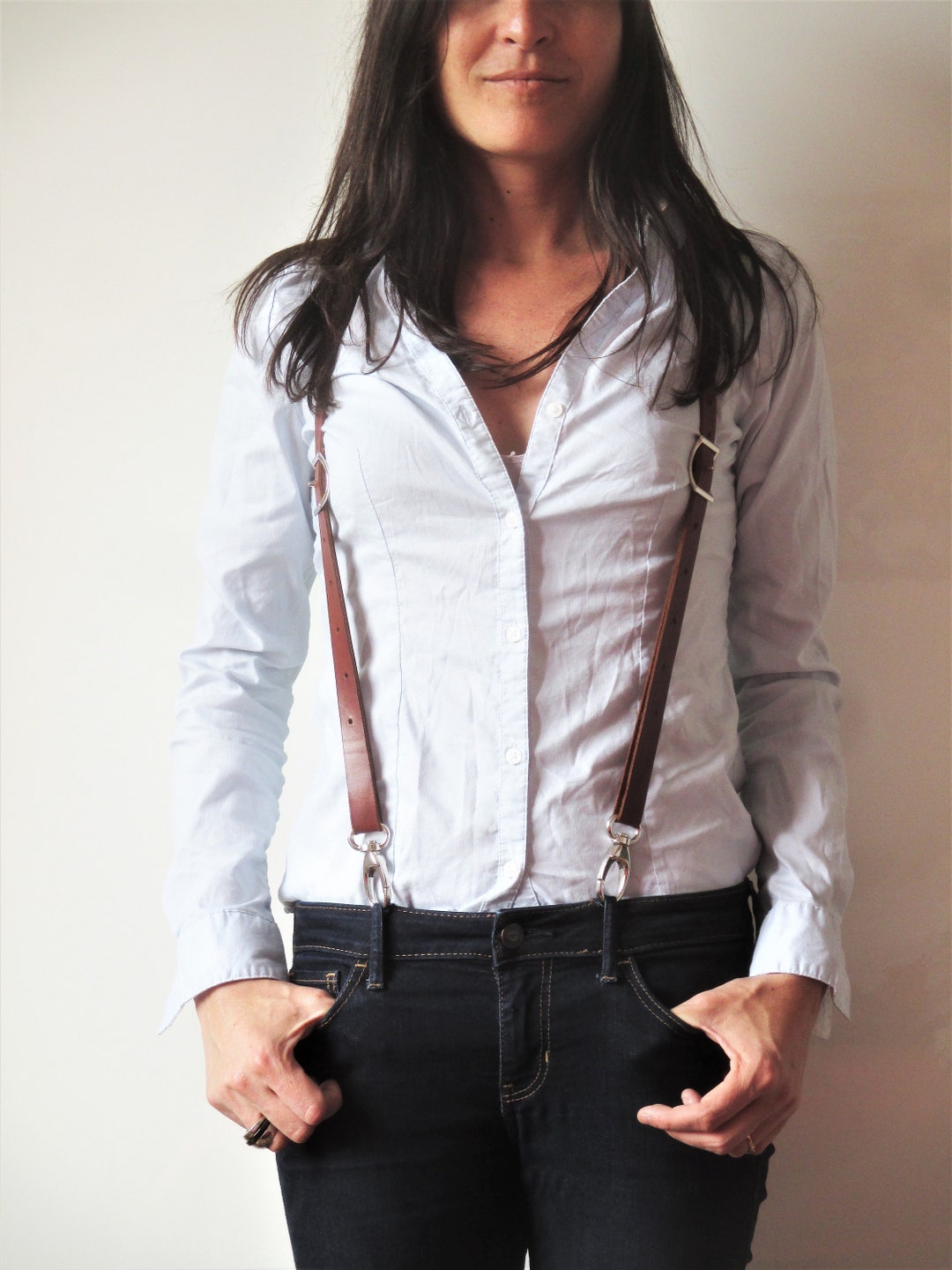 Hoss Women’s Brown Leather-Trim Suspenders with Metal Clips Olive Linen Women main image 3