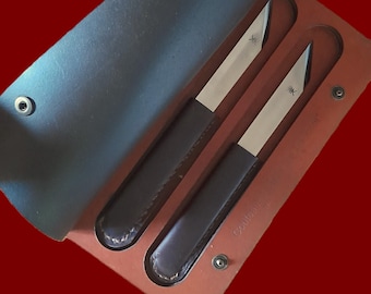 Forged steak knife, asymmetrical blade. Hand-sewn leather handle, table knife, "Le Tranchet" knife