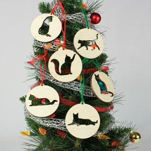 Set of 6 Cat Cutout Wooden Ornaments | DIY Cat Lover Xmas Decor for Crafting | Cat Love Christmas Gift