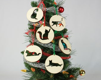 Set of 6 Cat Cutout Wooden Ornaments | DIY Cat Lover Xmas Decor for Crafting | Cat Love Christmas Gift