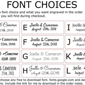 Op de afbeelding: Een grafiek met 12 lettertypen die van A tot en met L zijn gelabeld. Elk lettertype toont de tekst "Joelle & Cameron August 25th, 2018" in een andere lettertype stijl. De grafiek is getiteld "FONT CHOICES".