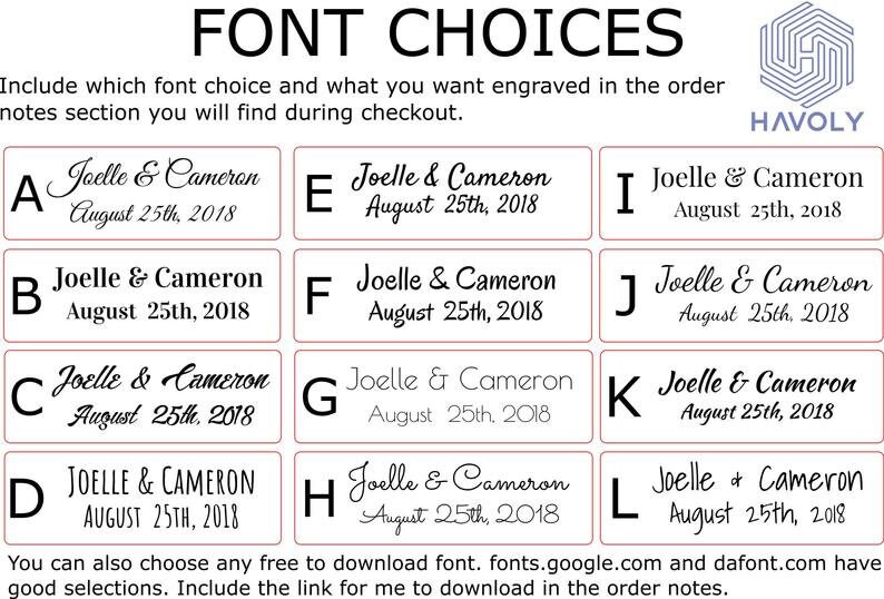 Op de afbeelding: Een grafiek met 12 lettertypen die van A tot en met L zijn gelabeld. Elk lettertype toont de tekst "Joelle & Cameron August 25th, 2018" in een andere lettertype stijl. De grafiek is getiteld "FONT CHOICES".