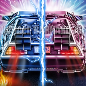 May include: A silver DeLorean time machine with a blue and red lightning bolt splitting the car in half. The car has a license plate that reads "OUTATIME".