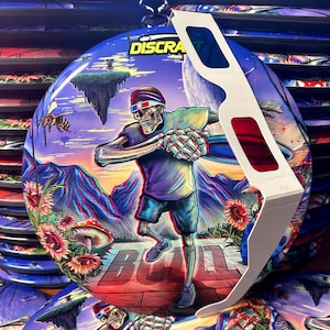 May include: A blue and purple disc golf disc with a 3D image of a skeleton playing disc golf. The disc has the text "Discraft Buzzz" printed on it. The image is viewed through 3D glasses.