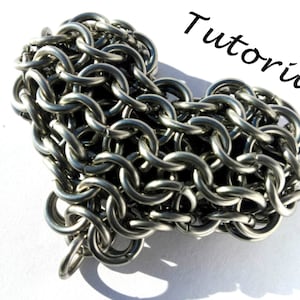 May include: A silver chainmail heart-shaped pendant with a tutorial text overlay.