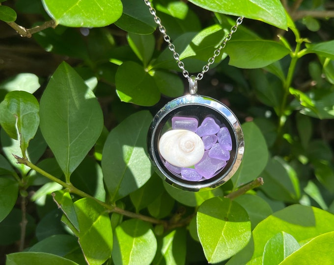 Lavender Luck Locket. Genuine Lavender Sea Glass and Real Shiva Shell in Locket on Sterling Silver Necklace. Guaranteed Authentic.
