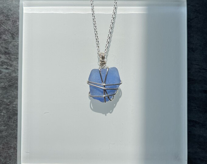 Blue Sea. Hexagon. Genuine Greek Sea Glass hand wrapped with Double Bail on Sterling Silver Necklace. Guaranteed Authentic.