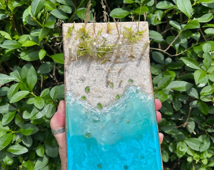 Sea Turtle Beach. Genuine Sea Glass on real beach sand with shells on handmade Diorma Scenery. Multi Media Resin Art. World Ocean Day 2024.