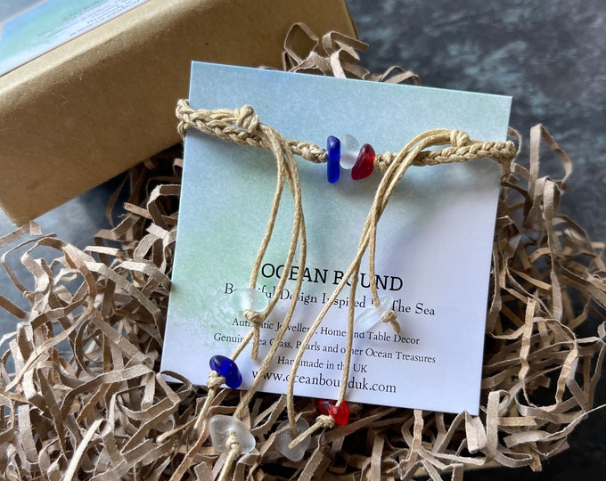 Sunshine and Moonbeams. Red, White and Blue. Hand Braided Genuine Sea Glass Bracelet.
