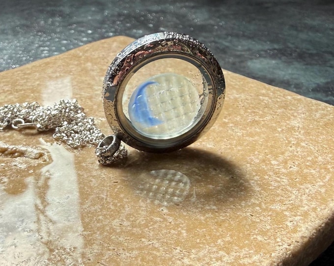 Blue Crescent Moon. Genuine Japanese Ohajiki Sea Glass in Locket on 925 Sterling Silver Necklace.
