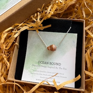 Op de afbeelding: Een zilveren ketting met een bruin en wit gestreepte schelpenhanger, gepresenteerd in een geschenkdoos. De doos bevat de tekst "OCEAN BOUND" en is gevuld met decoratief bruin papier.