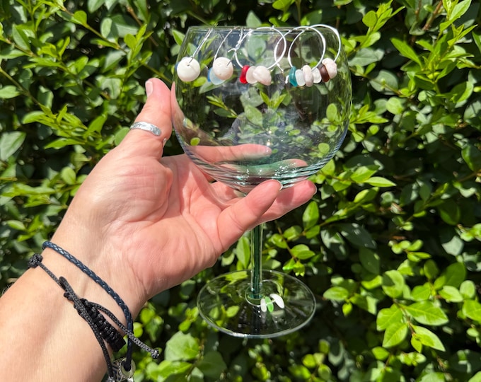 Beach Muse. Wine Charms. Set of 6. Genuine English Sea Glass and Hawaiian Puka Shells. Guaranteed Authentic.
