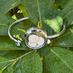 May include: A silver-toned metal bangle bracelet featuring a circular locket pendant. The locket contains three small, smooth, off-white, rounded stones. The bracelet band is polished and includes a single clear crystal accent near the end.