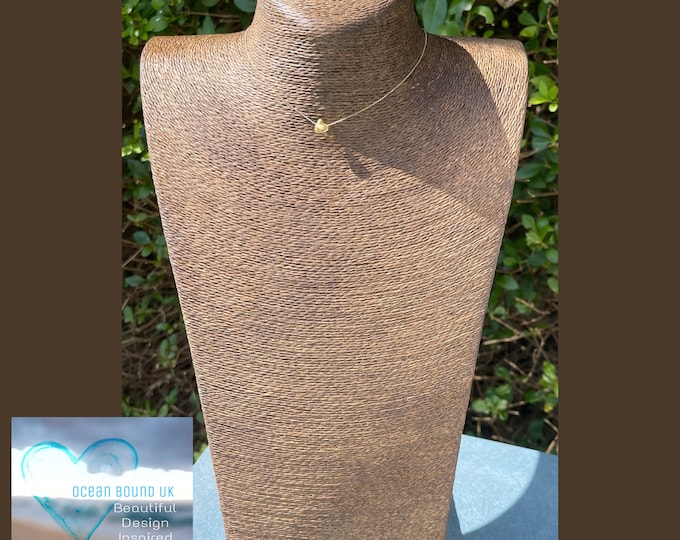 9 ct Solid Gold. Heart Shaped Genuine Lemonade Yellow English Sea Glass on Floating Gold Necklace. Guaranteed Authentic.