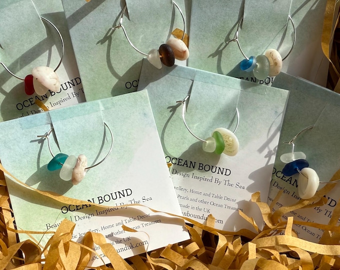 Beach Muse. Wine Charms. Set of 6. Genuine English Sea Glass and Hawaiian Puka Shells. Guaranteed Authentic.