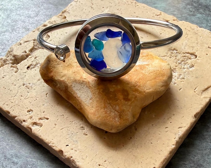 Crescent Moon Bangle. Genuine Sea Glass in Locket Cuff Bangle. Guaranteed Authentic.