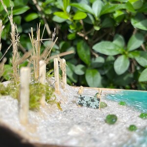 May include: A miniature beach scene with a small wooden fence, green moss, and a tiny beach towel with a black and white pattern. The scene is set in a wooden frame with a blue resin ocean.