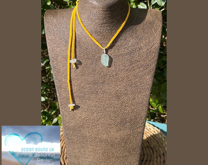 Sunshine and Moonbeams. The Sunshine Pendant. Genuine Sea Glass on Velvet Necklace with Sterling Silver Bail and Bow Tie Back Long Drop.