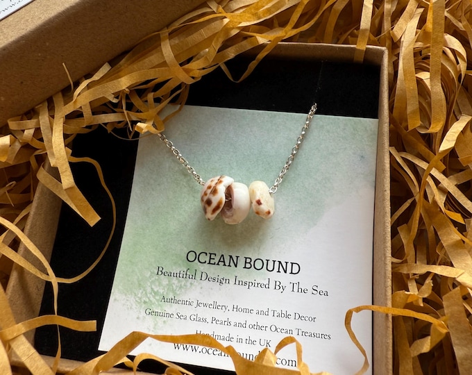 Beach Muse. Real Hawaiian Tiger Puka Shells on Sterling Silver Floating Necklace. Guaranteed Authentic.
