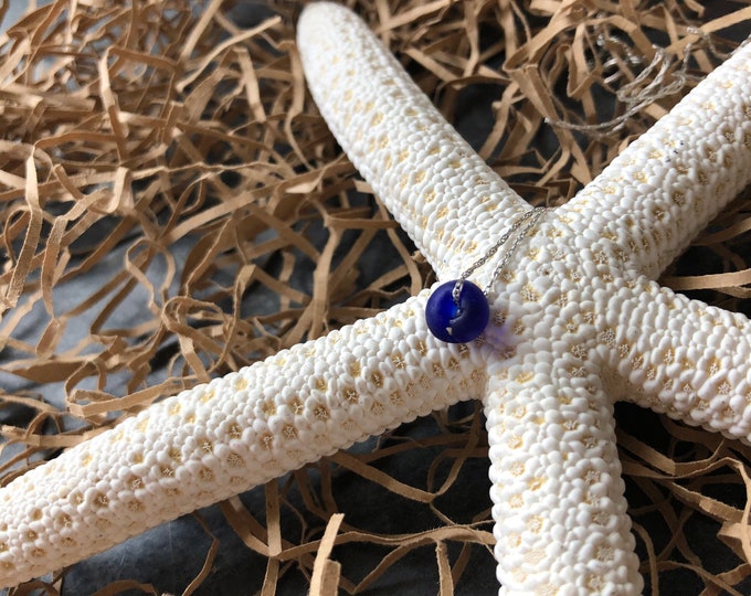 Blue Beach. Genuine Cobalt Blue Sea Glass Bead with imbedded Sand Grain on Sterling Silver Floating Necklace. Guaranteed Authentic.