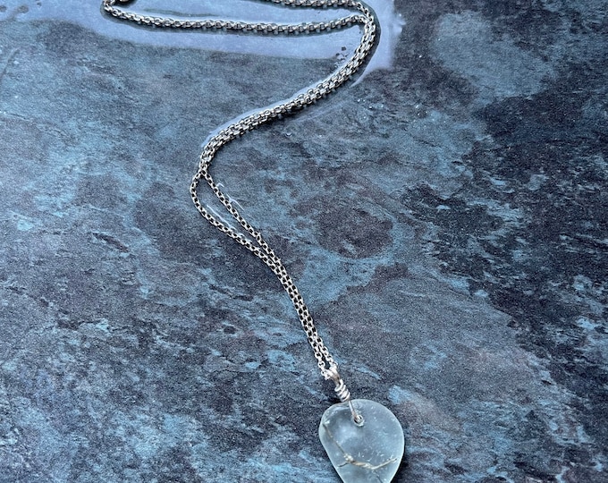 Forever Strong. Genuine English Sea Glass with Wire inside on Sterling Silver Necklace. Unisex. Guaranteed Authentic.