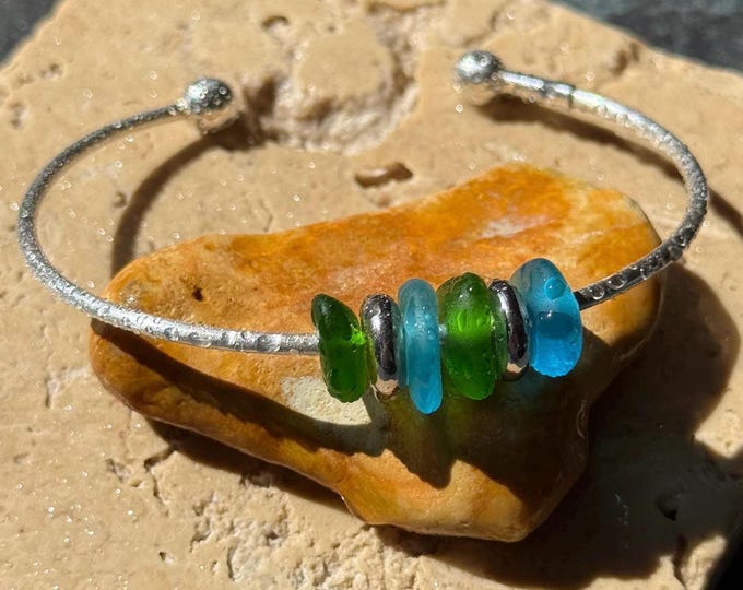 Mediterranean Sea. Genuine Sea Glass with Charms on Cuff Bangle. 925 Sterling Silver. Guaranteed Authentic.