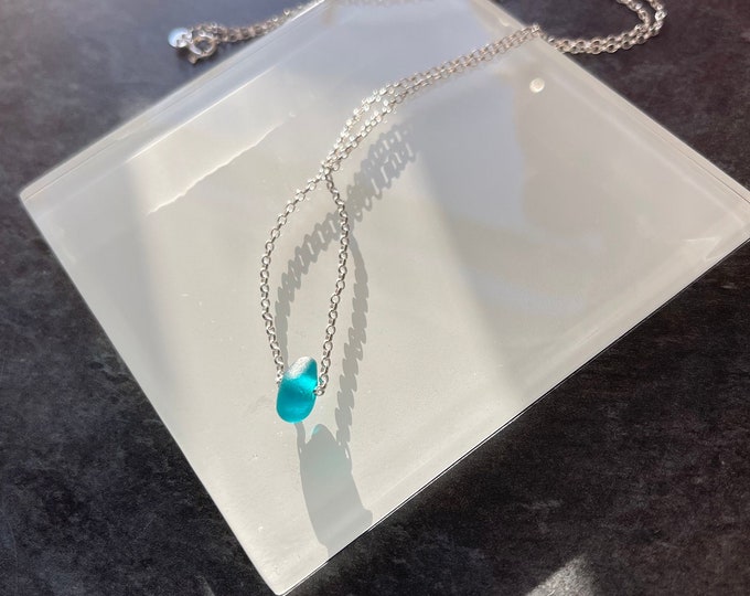 Drop of the Ocean. Teal Blue. Genuine English Sea Glass on Sterling Silver.  Minimalist Necklace from my Tiny Beauty Collection.