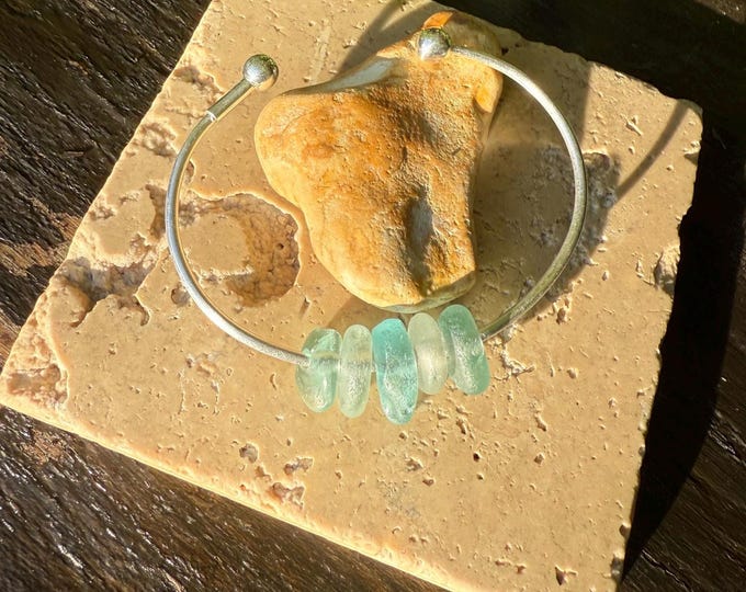 Ocean Breeze. Genuine Greek and English Sea Glass on Sterling Silver Bracelet Bangle. Personalised. Guaranteed Authentic.