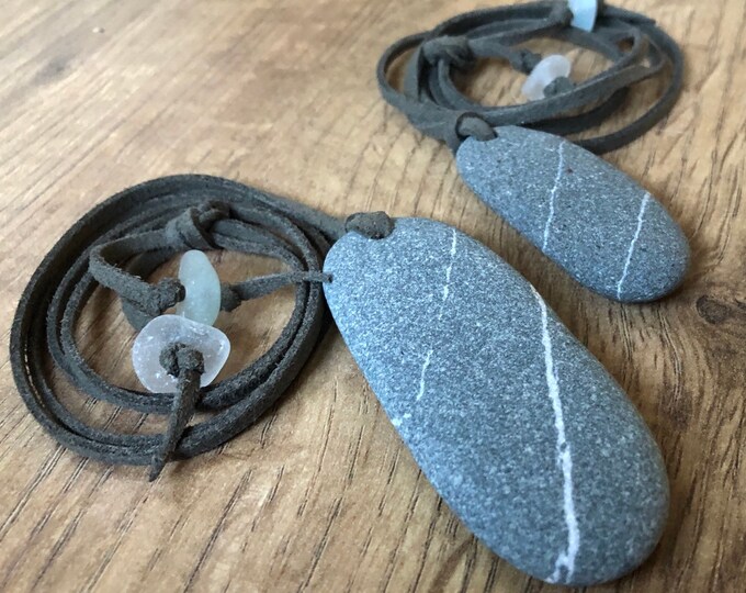 Wishing Stone Pendant with Genuine English Sea Glass on Vegan Faux Suede Necklace. Unisex Jewellery. Guaranteed Authentic.