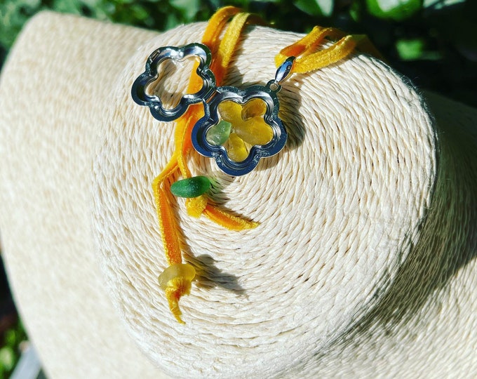 Spring Flower Girl. Daffodil Sea Glass Flower Sterling Silver Locket on Velvet or Sterling Silver Necklace. Guaranteed Authentic.