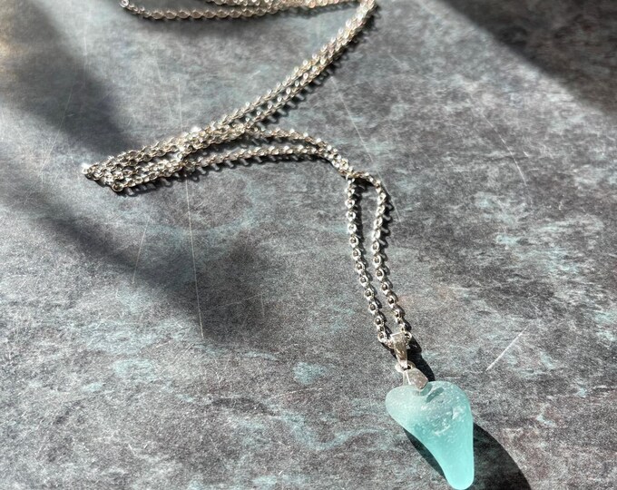 Turquoise Water. Genuine Greek Sea Glass on Double Bail and Necklace in Sterling Silver. Guaranteed Authentic.