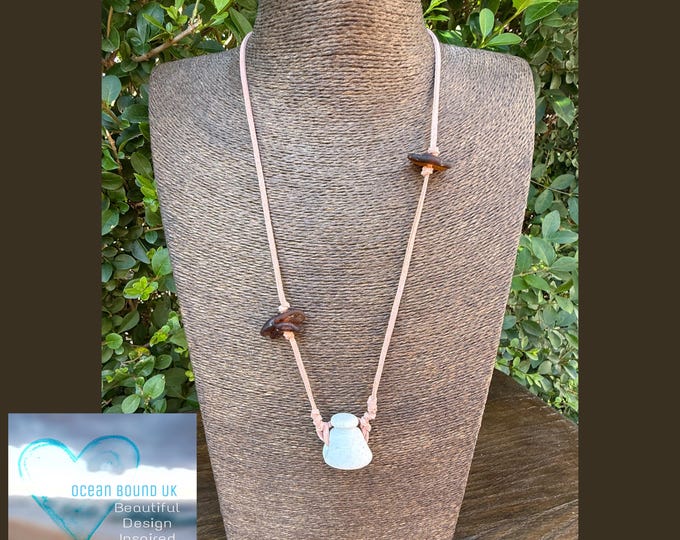 Island Hopper. Genuine Ceramic Bottle Stopper and Bottle Neck Sea Glass on Vegan Faux Suede Boho Necklace. Guaranteed Authentic.