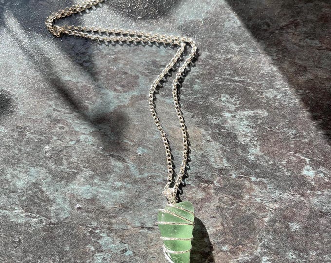 Lime Fruit. Genuine Greek Sea Glass on Hand Wrapped Sterling Silver Bail. Statement Style Pendant.  Guaranteed Authentic.