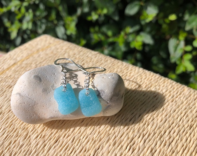Santorini Blue. Genuine Greek Milk Sea Glass on Sterling Silver Earrings. Guaranteed Authentic.
