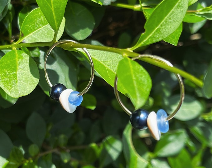 A Night at the Beach. Real Black Pearl, Genuine Blue Sea Glass and Operculum Shiva Eye Shell on 9ct Solid Gold Hoop Earrings.
