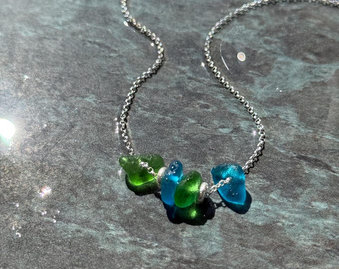Mediterranean Sea. Genuine Sea Glass with charms on Necklace. 925 Sterling Silver.